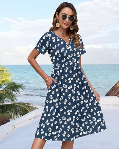 Image of WNEEDU Women V Neck Button Down Empire Waist Midi Summer Dress with Pockets