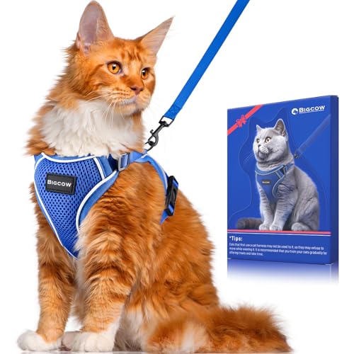 Bigcow 猫 猫用 ハーネスリード セット 猫牽引ロープ リード 猫 猫用ハーネス 胴輪 猫具 ねこ ネコ 子猫 散歩 お出かけ 抜けない ベスト ソフト胸あて 軽量 頭を通さず装着可能 サイズ調節可 夜反射 通気メッシュ 咳込み防止 ベスト りーど(