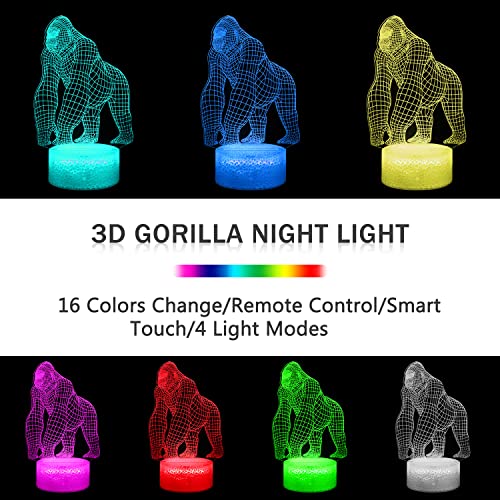 Image of BASSI 3D Gorilla Lamp for Kids, 16 Colors Changing Remote Control 3D Night Light Gorilla Toy - Birthday Christmas Gifts for Boys Girls Age 2 3 4 5 6 7 8 9 Teenages