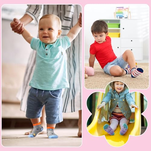 ELUTONG Antirutsch Socken Kinder, 12 Paar Mädchen Jungen Baumwolle Stoppersocken with Cartoon Muster für 1-3 Jahre（Blumen, Schmetterlinge）