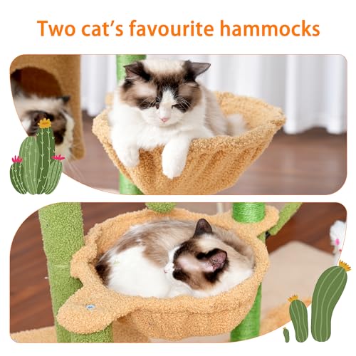 Heybly Cat Tree, 39.4 Inches Cactus Tower Condo with Scratching Post, Cat Tower for Indoor Cats, Fully Wrapped Sisal Pole, Soft Platform, 2 Baskets and Dangling Toy, Green and Yellow HCT006SGY by Heybly - Image 4
