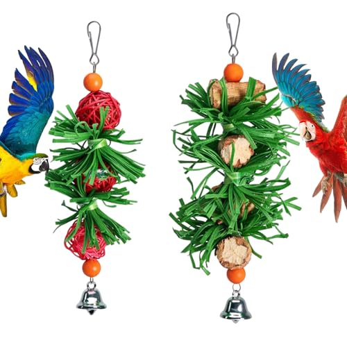 2 Pack Natural Bird Chew Shred Toys, Hanging Foraging Bell Toy, Corn Cob Perch Accessories, Suitable for Parrot Toys, Budgie Toys for Conures Finches Cockatiels