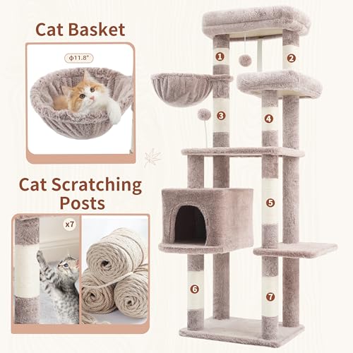 Image of Gitelsnour 55.1'' Cat Tree Tower for Indoor Cats, Large Platform, CCT013MU | 7 Sisal Scratching Posts, Multi-level Cat Condo Cat Cave, 2 Padded Perches, Basket, Furry Ball, Toy, Mushroom