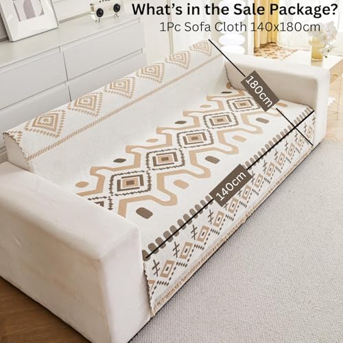Image of HOMETHREADS Chenille Bohemian Boho Style Sofa Cover | Thick & Soft Luxury Slipcover | Protective, Washable & Stylish Couch Cover for Living Room Decor. (Bohemian Beige, 2 Seater | 140x180cm)