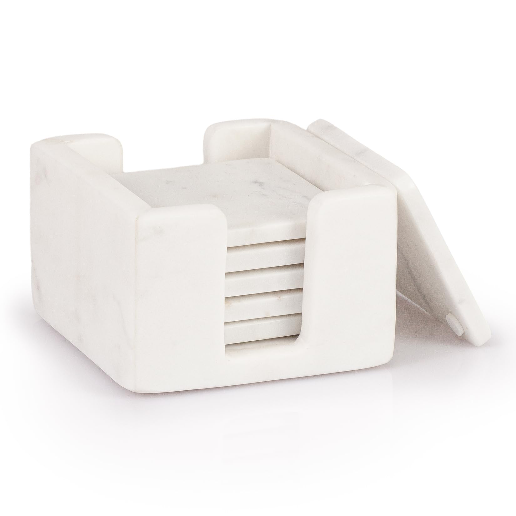 Ehc Square, White With Holder (Set Of 6) Square Marble Coaster Set Of 6 With Holder, Drink Coasters With Anti-Slip Pads, Coasters For Cups, Mugs & Glasses, White