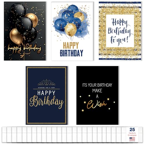 Happy Birthday Cards with Envelopes (25 Assortment Pack – 5 Designs) Bulk Birthday Card Set for Family & Business (5x7 inch – A7) Office, Work, Coworkers, Employees, Clients (VP2411) Made in USA
