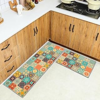 HSGLGNA Kitchen Rug, 2 Pieces Non Slip kitchen mat sets,Washable Kitchen Floor Mat For Kitchen,Hallway,Living Room,Bedroom,Bathroom (Style K, 43 x 150 cm (Rectangular))