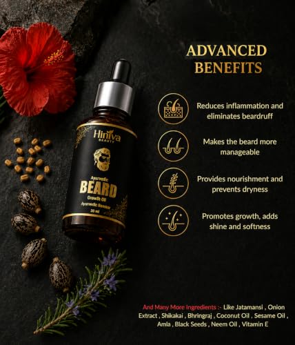 Image of Hiniva Ayurvedic Beard Growth Oil for Men | Beard Growth & Thickening Oil | Reduces Beardruff, Dryness & Itching | Softens, Nourishes & Strengthens Beard | Herbal Blend with Castor, Amla, Bhringraj & Black Seed Oil | 30ml
