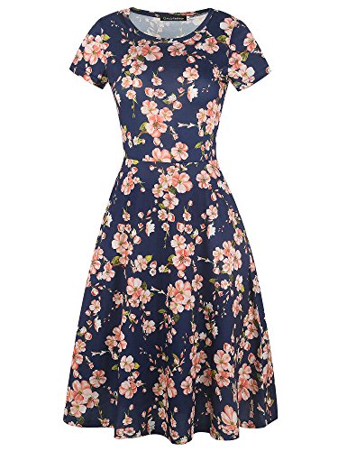 Image of oxiuly Women Casual Dress Round Neck Soft Cotton Floral A-Line Midi Summer Dresses with Pockets OX262