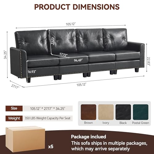 Image of 105 inch Faux Leather Modular Sectional 4 Seater Couch, Vintage PU Leather Sofa with Nailhead Trim, Mid Century Modern Tufted Couches for Living Room, Bedroom, Office, Reception, Black
