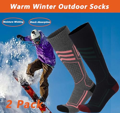 2 Pairs Merino Wool Ski Socks for Men Women, Thick Winter Warm Skiing Socks for Skiing,Hiking,Cysing2
