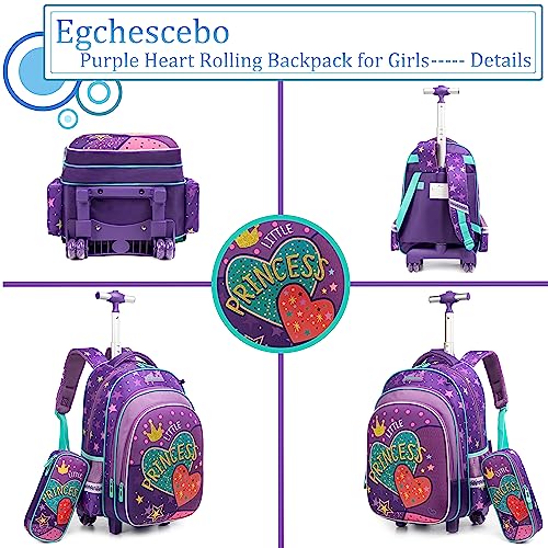 Egchescebo Kids Love Hearts Rolling Backpack for Girls 17" Suitcases Trolley Backpacks with Wheels 3PCS Luggage Backpacks Wheels with Lunch Box Pencil Case for Elementary Girl Travel School Bag Purple3