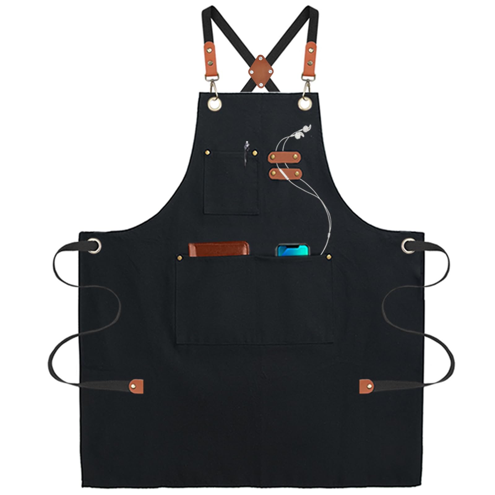 umboom Delantal de Lona Negra con 3 Bolsillos para Cocina, Restaurante, Delantal de Trabajo para Chef, Camarero, Camarera