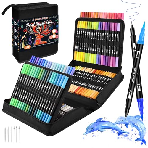 WOGOPRO 120 Couleurs Feutres Coloriage Adulte, Stylo Feutre Double Pointe Fine pour Adulte, Feutre Pinceaux Aquarelle Marqueurs pour Calligraphie, Dessin, Croquis, Mandala, Livre de Coloriage