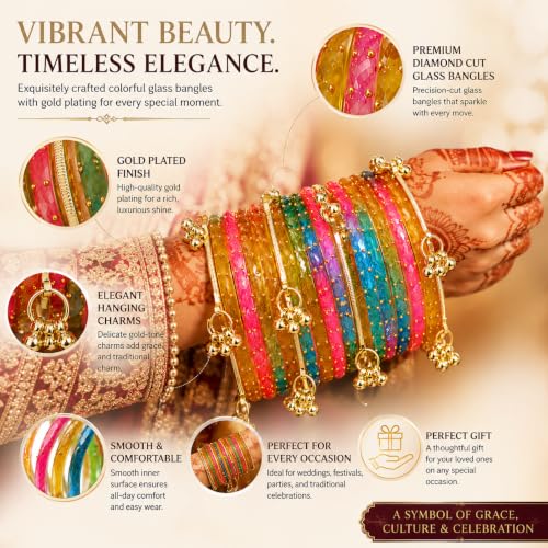 Image of JPS 16 Pcs Trendy Stylish Glass & Kashmiri Ghungroo Bangles Set for Women & Girls | Gold-Plated Traditional Festive Wedding Party Jewellery Chudi Set (12 Glass + 4 Metal)