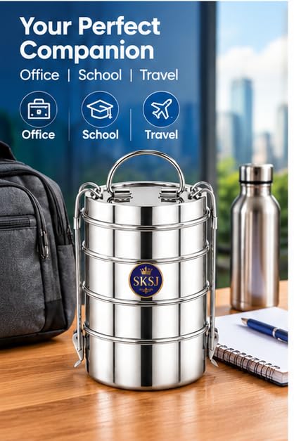 Image of SKSJ Stainless Steel Four-Tier Lunch Box with Lid & Handle | Durable Multi-Layer Tiffin Box for School, Office & Travel | Plastic-Free Food Storage Container