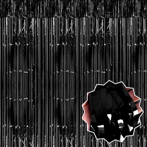 Image of 3 Pack Black Foil Fringe Curtains Backdrop, 3.28 x 9.8 Ft Metallic Streamers Tinsel Curtains Background for Photo Booth, Birthday, Halloween, Christmas, Thanksgiving, New Year Party Decorations