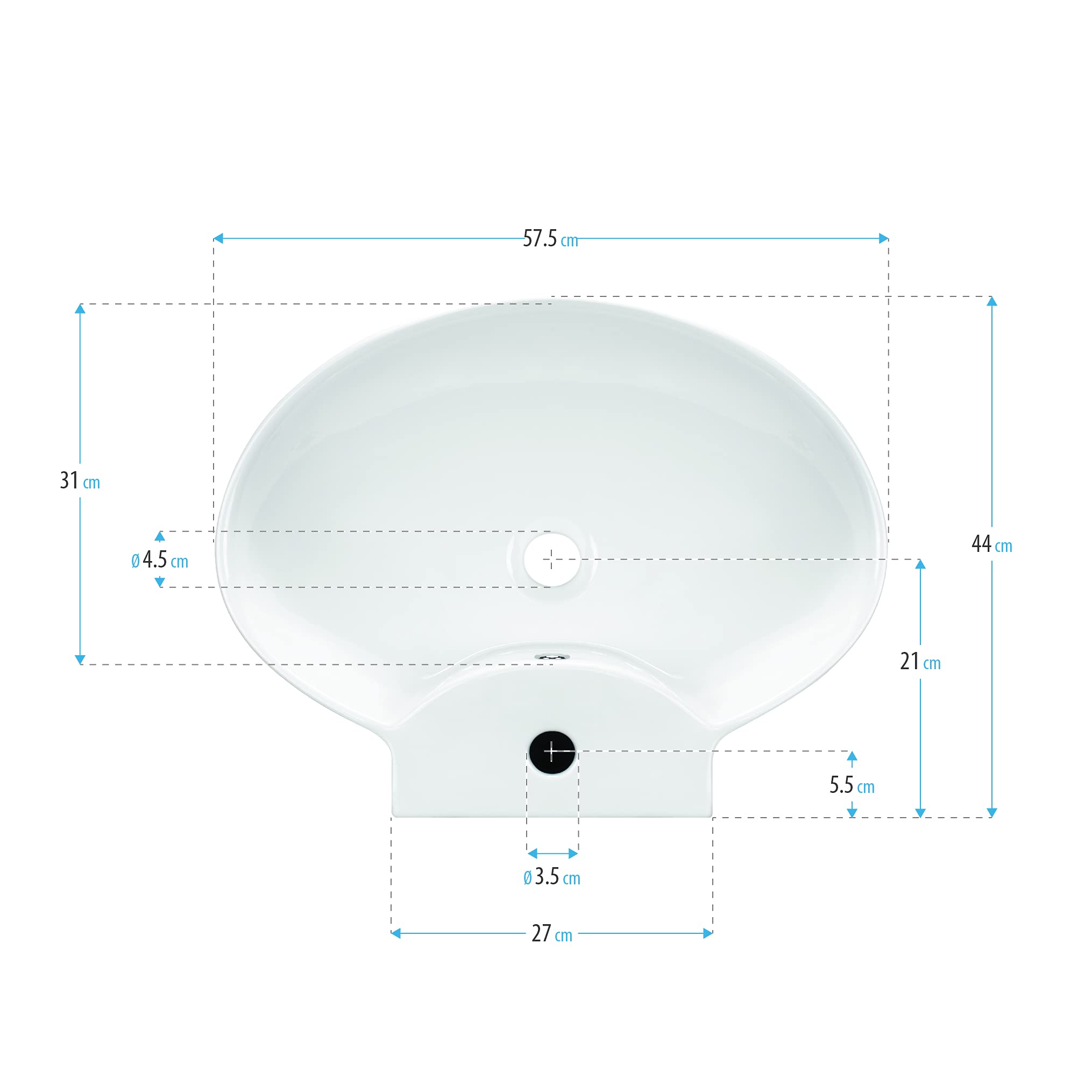 MOG Lavabo su piano in ceramica 57,5 x 44 x 17 cm design Marecchia in bianco