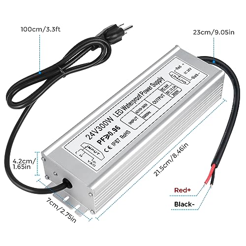 Image of LED Driver 300W 24V Power Supply, IP67 Waterproof Low Voltage Transformer, AC 110-260V to DC 24V 12.5A Converter for Outdoor Landscape Lighting, LED Strip Lights, 3-Prong Plug with 3.3FT Cable