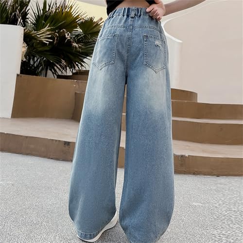 Baggy Jeans Kids Girls Wide Leg High Waist Distressed Denim Pants Daily Trousers Pockets Casual Hiphop Streetwear4