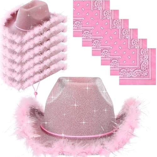 Image of Coume 12 Pcs Sparkly Adults Cowboy Hat and Bandanas Women Men Western Glitter Cowgirl Party Hats with Adjustable Drawstring