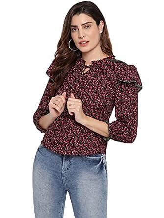 Marc Loire Womens Floral Printed Fashion Western Party & Casual Wear Top with Puff Sleeves