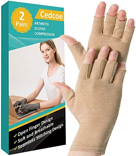 2 Pairs Arthritis Compression Gloves for Relieve Rheumatoid Arthritis, Osteoarthritis, Carpal Tunnel, Joint Pain, Open Fingerless Gloves, Fit for Women and Men to Daily Work (Coffee, Small)