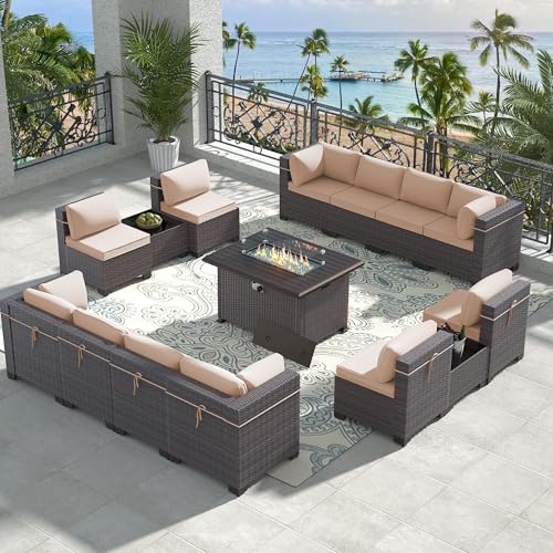 Image of 15 Pieces Outdoor Patio Furniture Set,Outdoor Sectional Furniture with 43 inch 55000 BTU Gas Propane Fire Pit Table,All Weather PE Rattan Wicker Patio Conversation Set,Sand