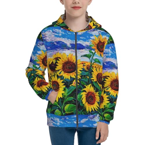 Landscape With Sunflowers Kids Pullover Hoodies Boys Zip Up Sweatshirts Girls Athletic Clothes with Pocket3