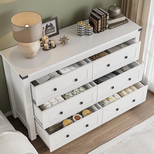 Image of BORNOON 6-Drawer Dresser, Modern Wooden Storage Chest of Drawers, Dresser TV Stand, Wood Drawer Organizer with Metal Handles for Bedroom, Living Room, Hallway