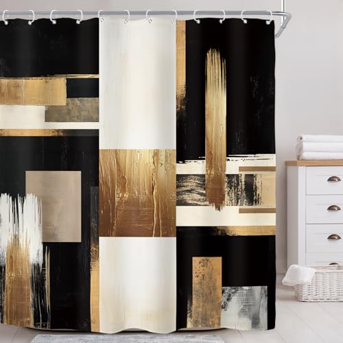 Riyidecor Extra Long Black Gold Abstract Shower Curtain for Bathroom