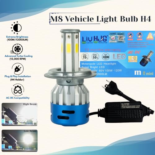 Image of LIU HJG M8 Mini H4 Motorcycle LED Headlight Bulb - 100W /12000LM, AC-DC Compatible, 12000 RPM Turbo Cooling Fan, High /Low Dual Beam Super Bright Universal LED Bulb(pack of 1)