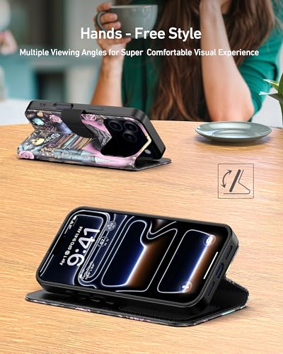 DEENAKIN for iPhone 17 Pro/iPhone 18 Pro Wallet Case with Cash Clip | Card Solts Holder, RFID-Blocking, UV-Printed Artwork, Magnetic Closure with Leather Kickstand - image 3