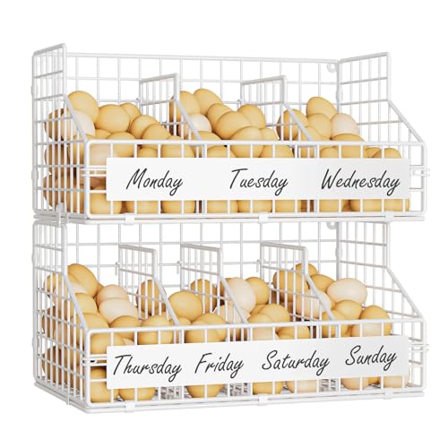 keomaisyto Fresh Egg Holder with 5 Dividers to Separate Eggs for a Week, 2 Tier Stackable Wire Baskets for Gathering Eggs, XXL Egg Rack for Countertop/Wall-Mounted, With DIY Labels, White