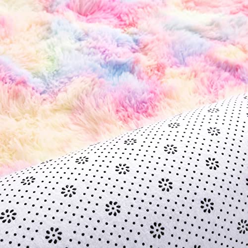 Image of junovo Ultra Soft Washable Shaggy Rug - Non-Slip Oval Carpet for Nursery, Kids Bedroom & Home Decor (2x5ft Tie-Dye Rainbow) | Plush Fluffy Floor Mat for Cozy Living Spaces