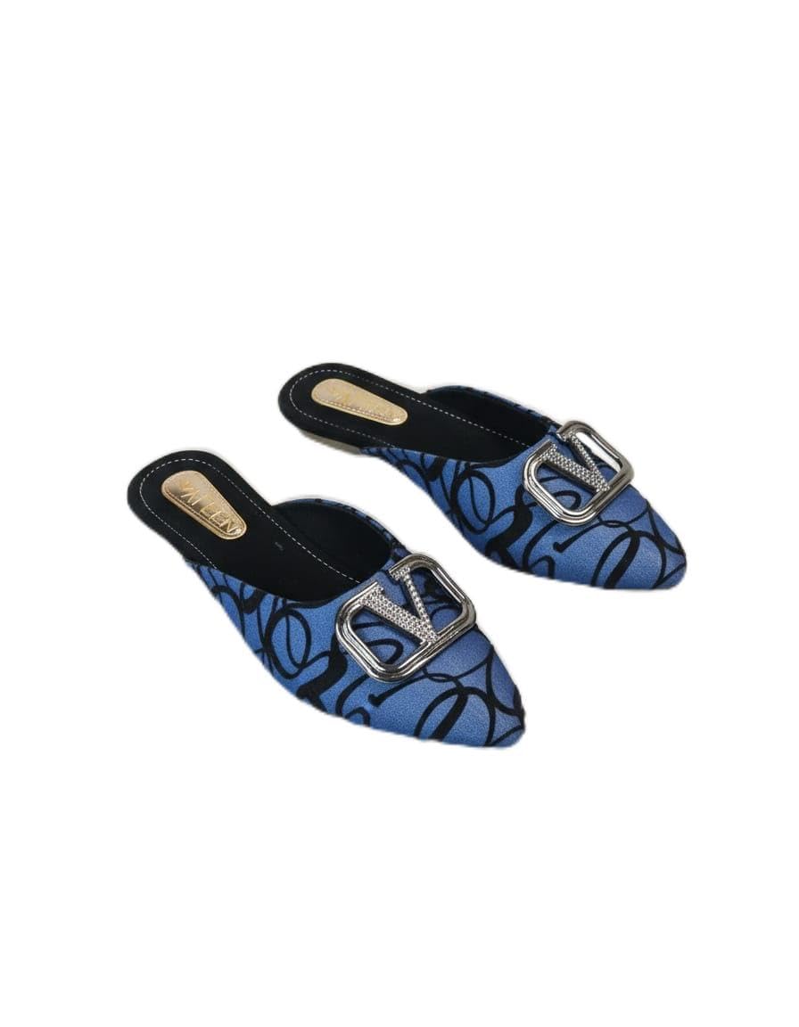 Women's Pointed Toe Mules, Navy Blue with Black Pattern, Metal Buckle Detail, Low Heel Slip-On-image-47