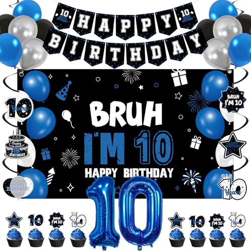Vlipoeasn 10th Birthday Decorations Set for Boys Girls 35PCS Black Blue 10 Year Old Birthday Backdrop Banner Bruh Im 10 Party Supplies