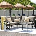 NATURAL EXPRESSIONS 6 Pieces Patio Furniture Sets,Outdoor Furniture Sets Metal Patio L Shape Sectional Couch Sofa Conversation Sets with 6.5" Shale Cushions,HighBack Hand-Brush Black Frame