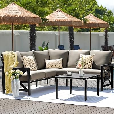 NATURAL EXPRESSIONS 6 Pieces Patio Furniture Sets,Outdoor Furniture Sets Metal Patio L Shape Sectional Couch Sofa Conversation Sets with 6.5" Shale Cushions,HighBack Hand-Brush Black Frame