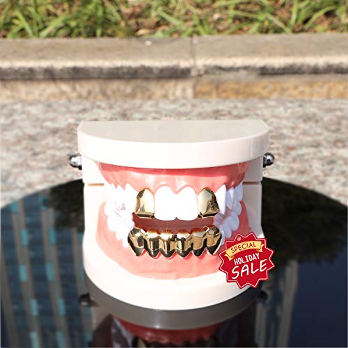 Gold Grillz Mouth Teeth 24K Plated Gold Custom Fit Top & Bottom Set Caps Grillz For Women Gift + Extra Molding Bars + Microfiber Cloth3