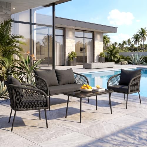 Image of OUTLIVING Braid Rope & Metal Frame Outdoor 4-Seater Sofa Set with Tempered Glass Top Center Table, Water-Repellent Cushions & Handwoven Design for Patio, Garden and Balcony (Black)