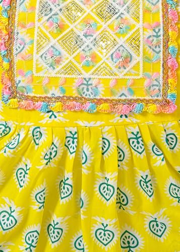 Image of Baby Girls Yellow Ethnic Clothing Set, Mirror Work Embroidered Frock with Zigzag Print Pants, Comfortable Cotton Outfit for Kids