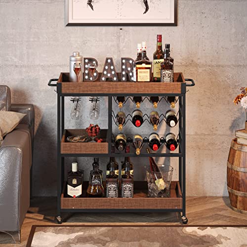 4 Ever Winner Bar Cart For Home With Wine Rack, Industrial Beverage Cart With Wheels, Serving Carts For Home 3 Tier Storage Trolley With Glasses Holder, Rustic Brown #TOP11