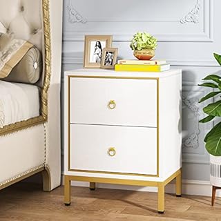 Tribesigns Bedside Table White & Gold Night Stand with 2 Drawers End Table with Storage, Tall Nightstand Modern Wood Bedside Furniture with Metal Frame for Bedroom