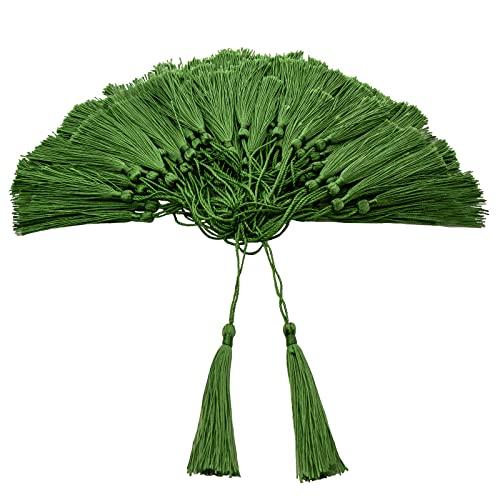 Image of VAPKER 100 Pieces Medium Green Color Tassels 13cm /5-Inch Silky Handmade Soft Tassels Floss Bookmark Tassels with 2-Inch Cord Loop for Jewelry Making, DIY Projects, Bookmarks