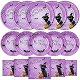  HNH Lot de 48 Assiettes en papier Halloween Chat Assiette à dessert avec Serviettes jetable Vaisselle de fête