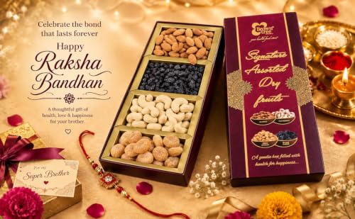 Image of Browntree Dry Fruits Rakhi Gift Hamper Signature 4P-140g | Rakhi Hamper for Brother| Cashews, Almonds, Black Raisins, Apricots with Rakhi Band | Fresh & Healthy Dry Fruits | Perfect Gifts, Festivals & Corporate Hampers | Unique Gifts for all Celebration