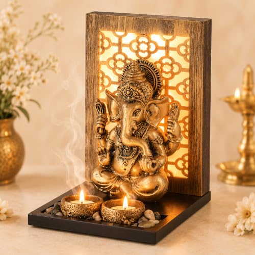 Image of S & A Antique Ganesha Idol with Backlit Design - Decorative Showpiece for Home & Office Decor | Includes Diya & Pebble Arrangement | Festive & Gifting Accent | 23.5 cm