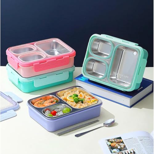 Image of Stainless Steel Lunch Box | 3-Compartment Leakproof & BPA-Free Bento Box | Insulated with Detachable Inner Containers & 4-Sided Lock | Ideal for Office, School, Travel, Kids & Adults | Green