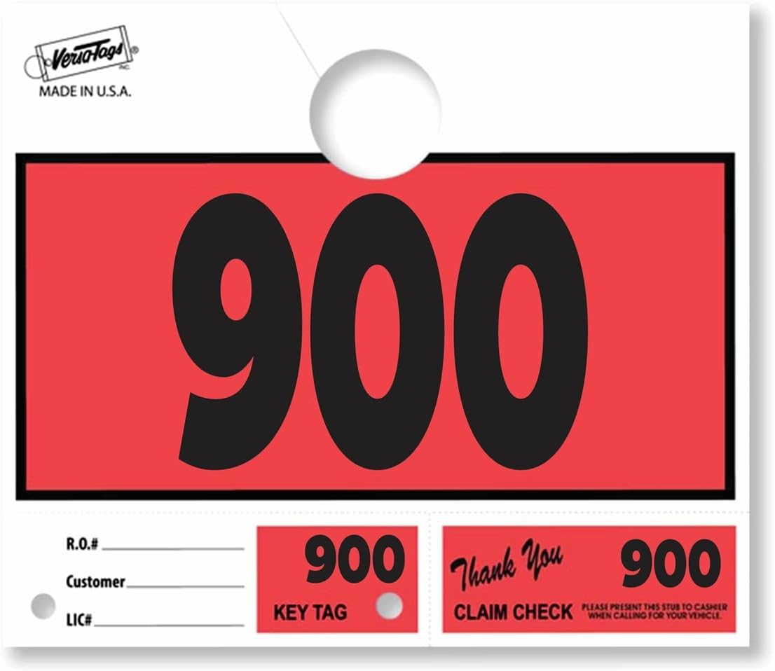 Versa-Tags 100 Car Dealer Service Hang Tags Service Dispatch Numbers, Repair Department Numbered Key Tags for Mechanic Body Shop